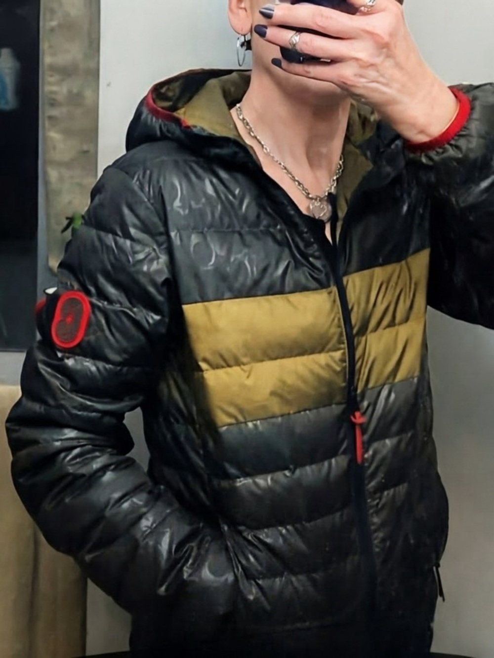 Coach Black Hooded Puffer Jacket with Olive Chest Stripe and Red Accents